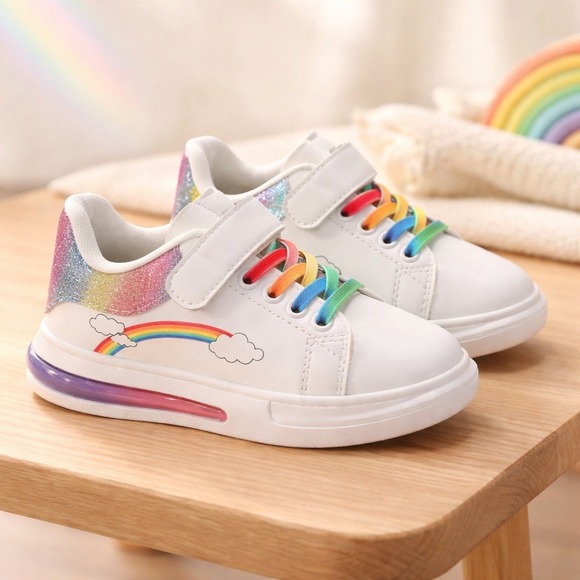 Unbranded Other - Girls Toddler Rainbow Glitter Sneakers EU 28 US 11 White Low Top Velcro Shoes